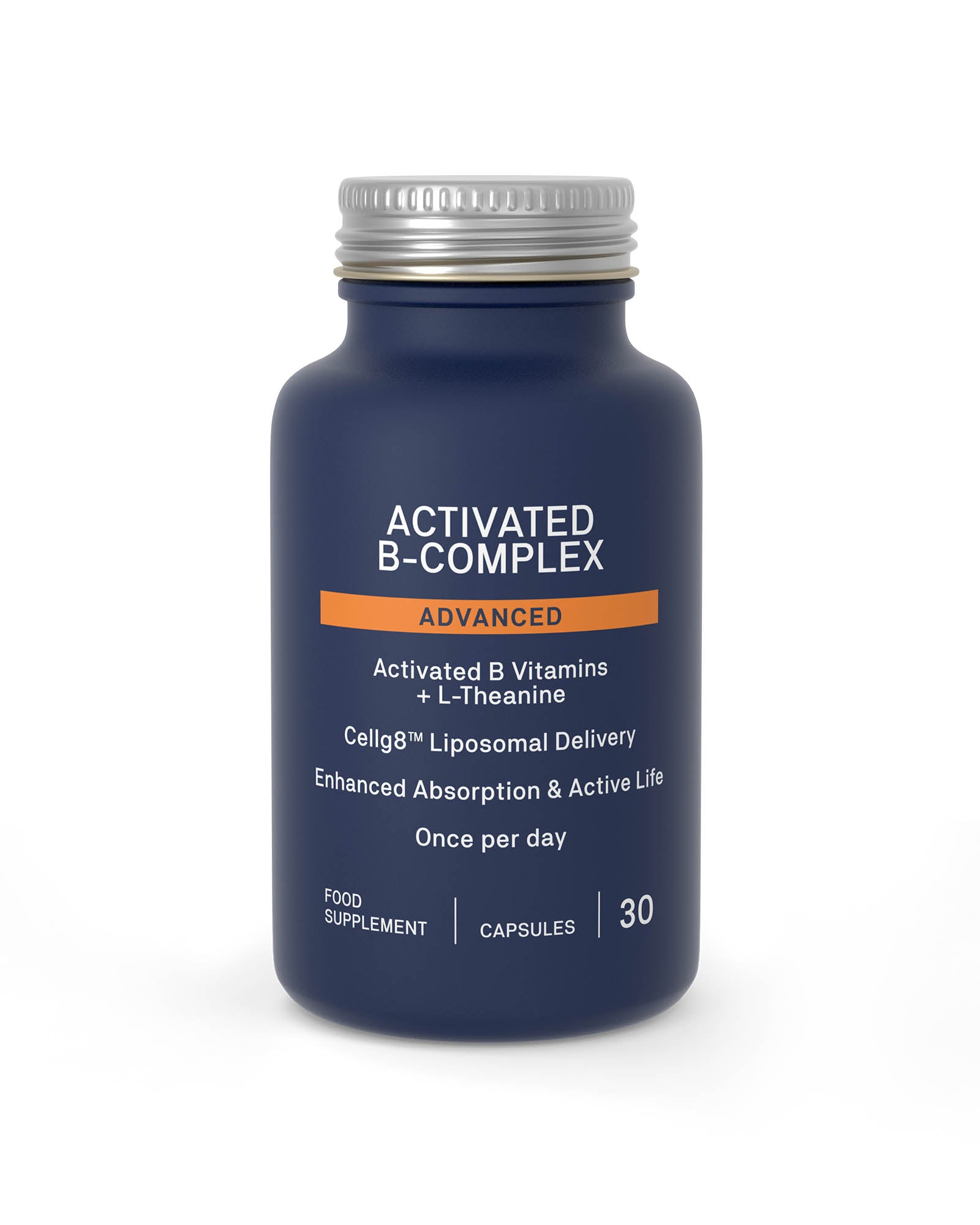 Blue bottle of Natroceutics Activated B-Complex Advanced supplement with silver cap on white background