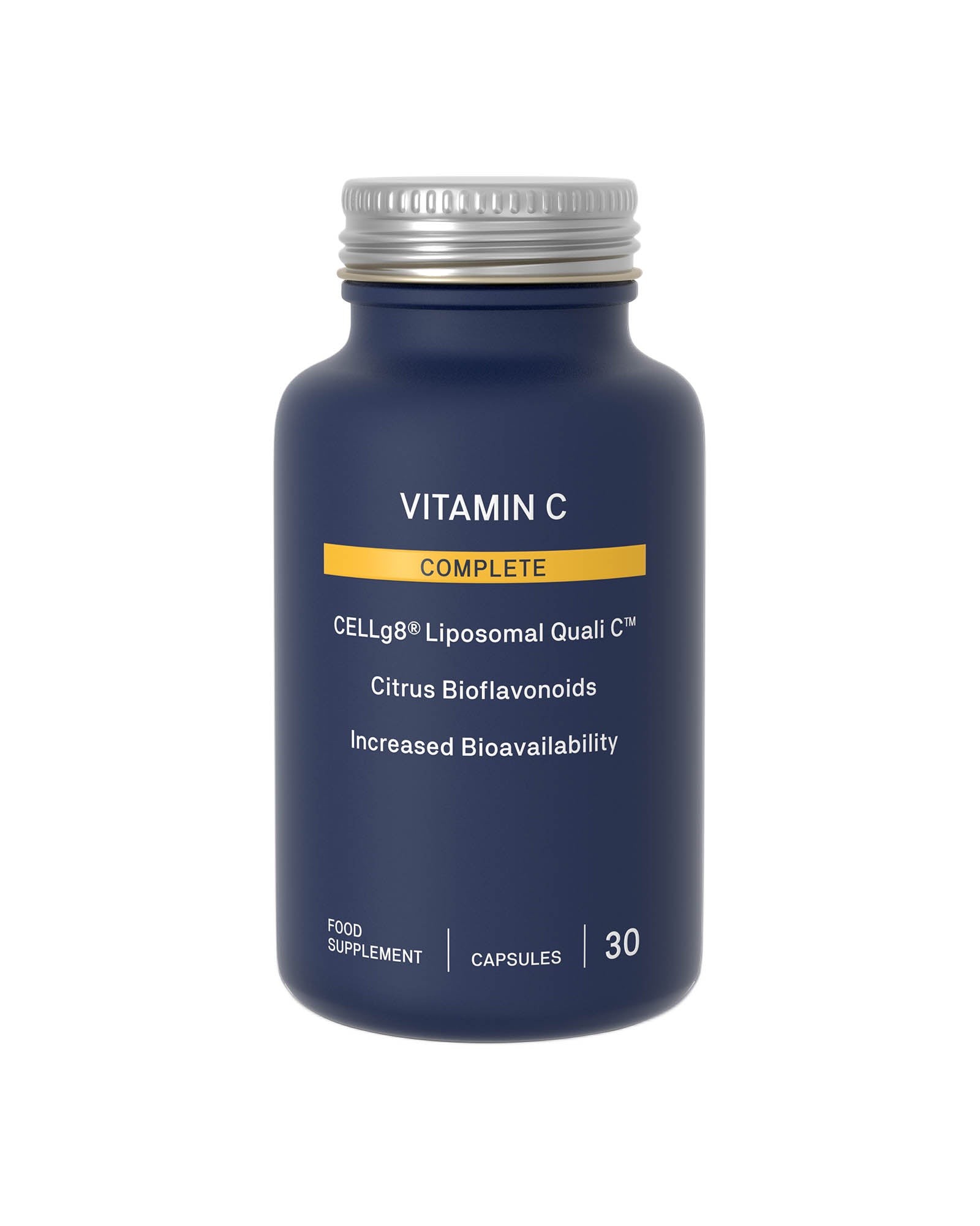 Natroceutics Vitamin C supplement bottle with blue body and silver cap on a white background